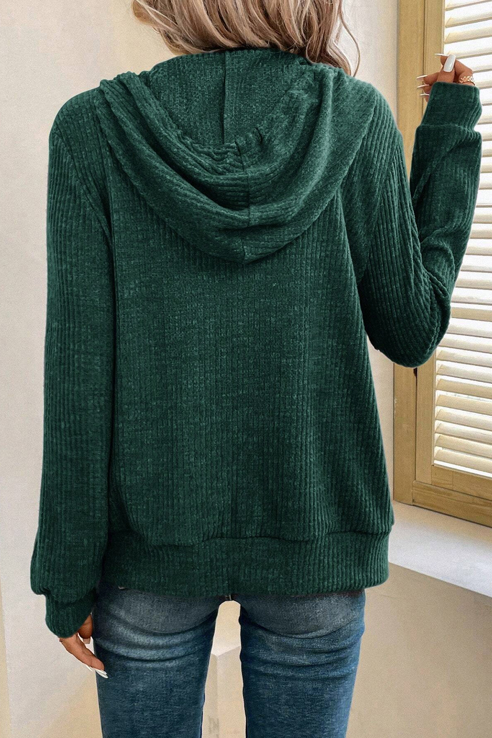Dark Grey Ribbed Zip Up Front Drawstring Hoodie