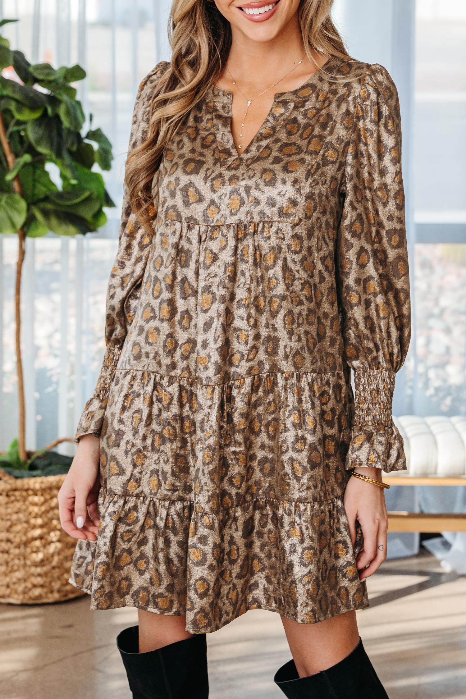 Khaki Leopard Print V Neck Ruffled Sleeve Tiered Loose Mini Dress