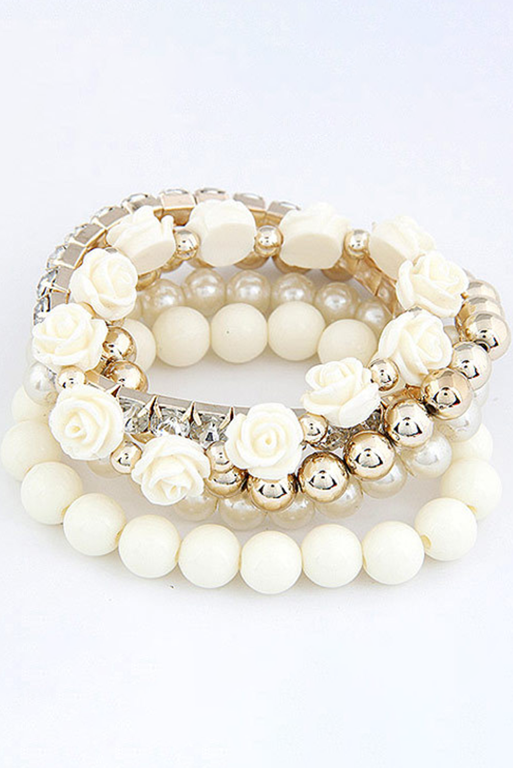 Black Flower Rhinestone Beaded Multi Layer Bracelet Set