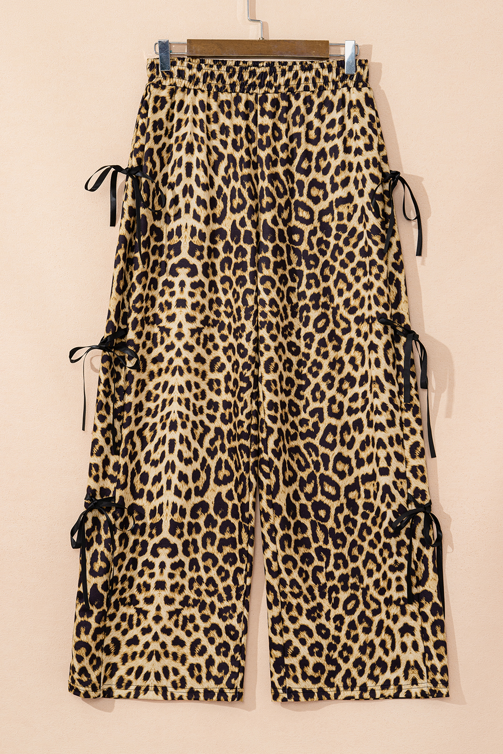 Brown Leopard Print Bow Tie Elastic Waistband Loose High Waist Pants