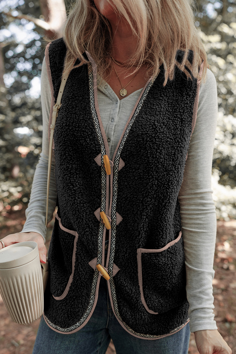 Dark Khaki Sherpa Contrast Trim Patch Pocket Cartridge Toggle Button Vest