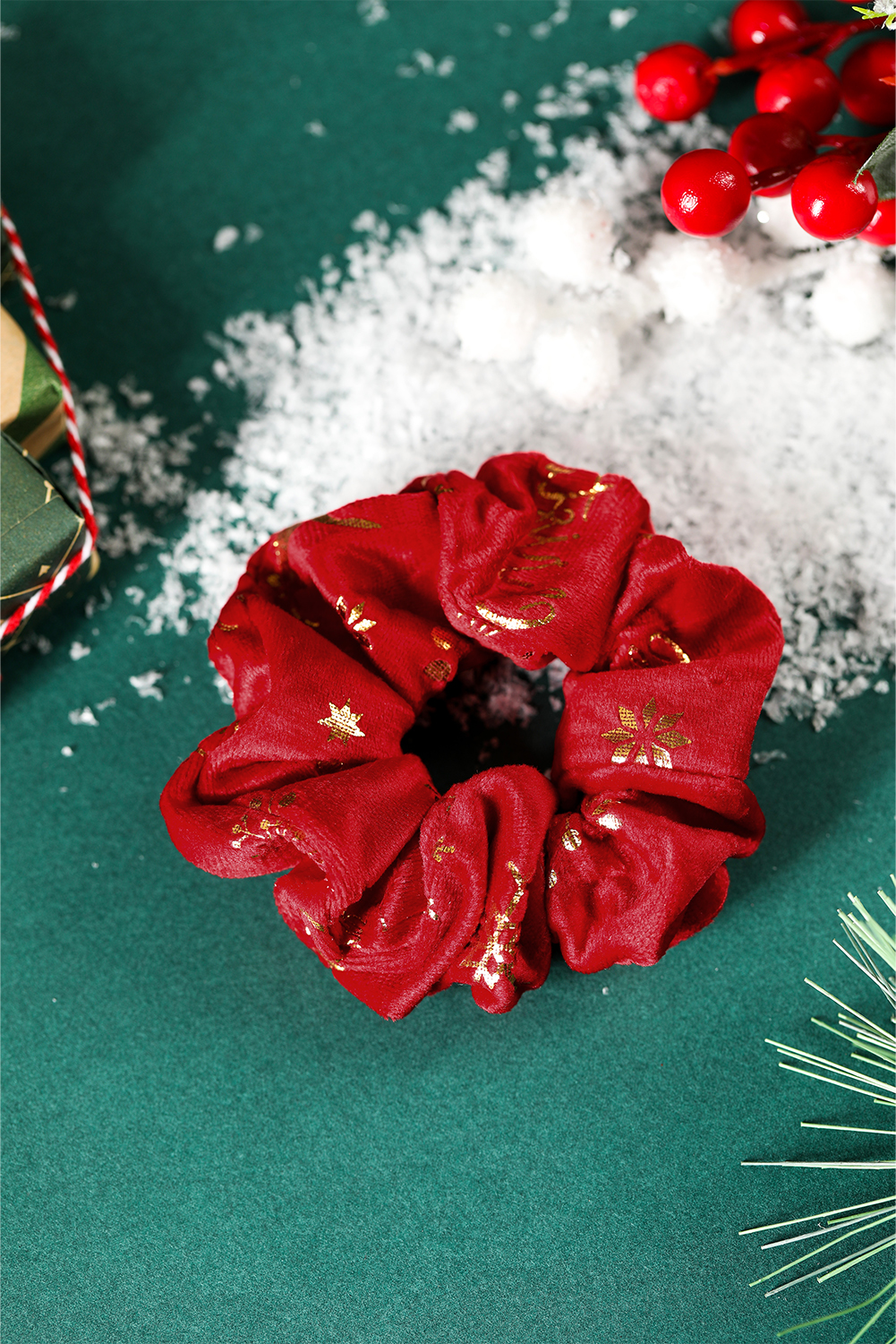 Fiery Red Shimmer Christmas Snowflake Reindeer Print Scrunchie Hair Tie