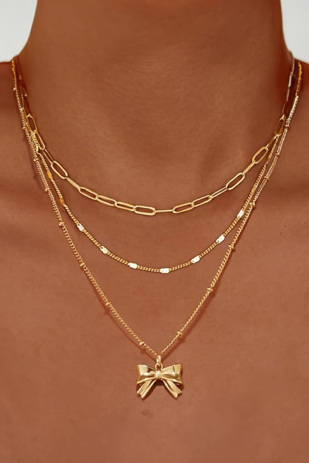 Gold Plated Trendy Paperclip Chain Bow Pendant 3pcs Necklace Set