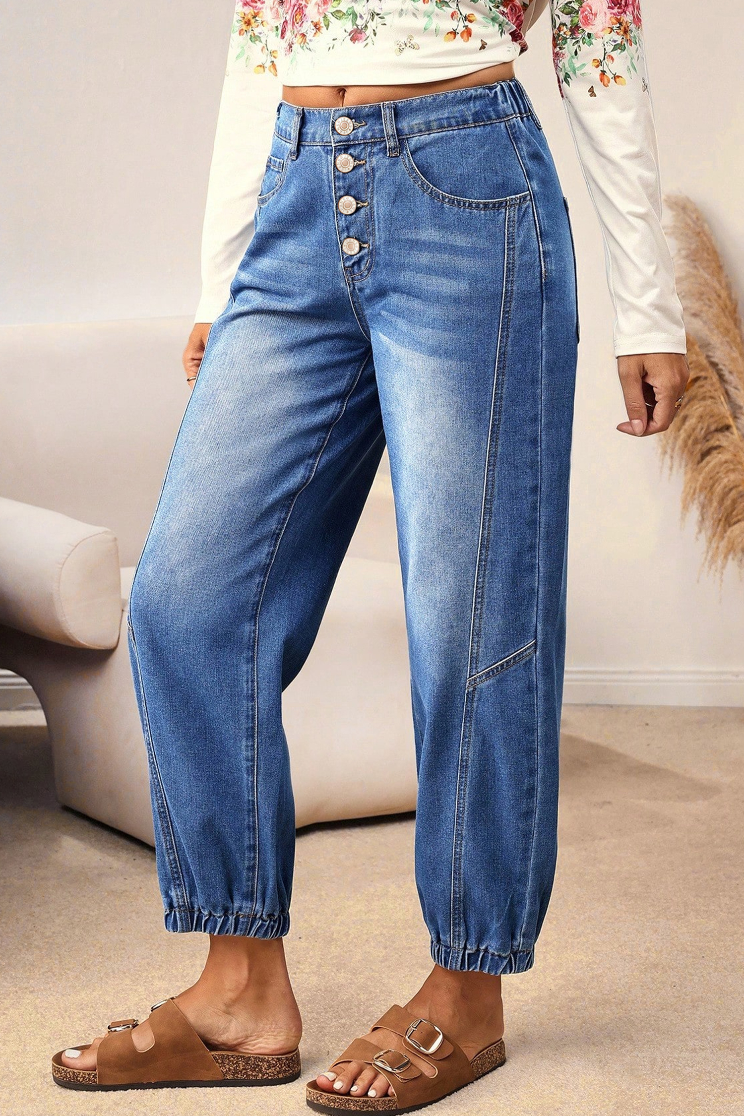 Dusk Blue Loose Straight Leg Cropped High Waist Jeans