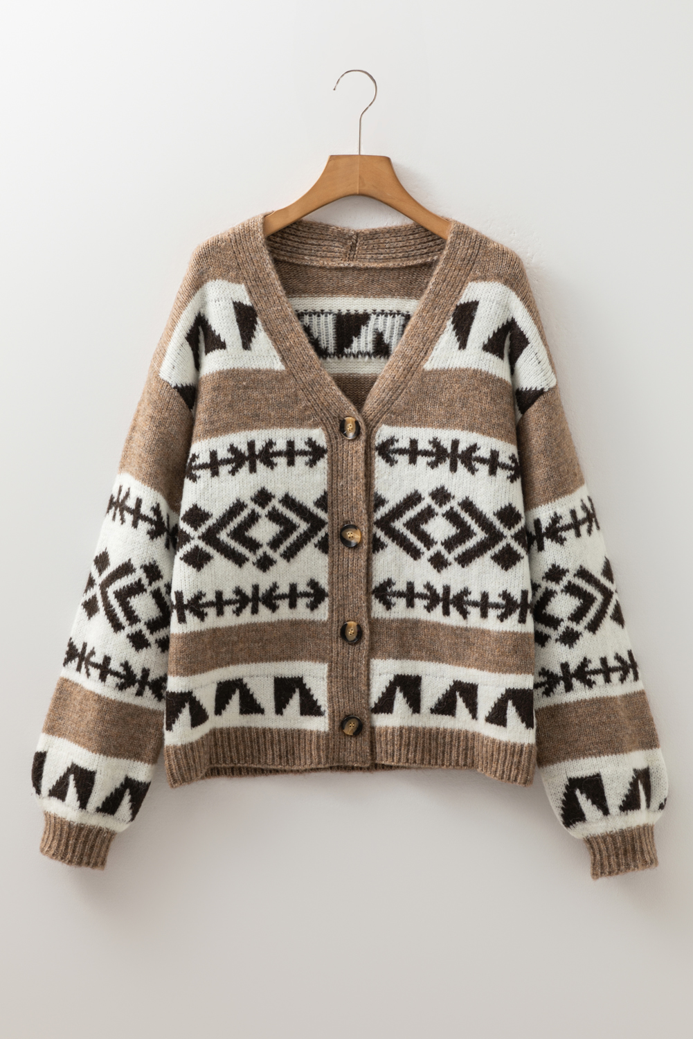 Dark Khaki Ethnic Geometric Pattern Button Front V Neck Sweater Cardigan