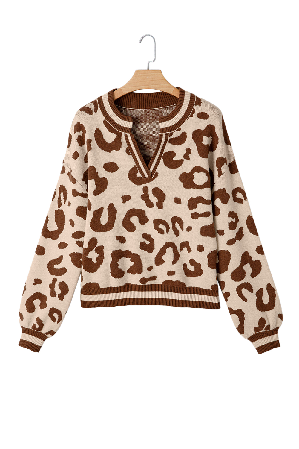 Light French Beige Leopard Printed Knit V Neck Casual Sweater