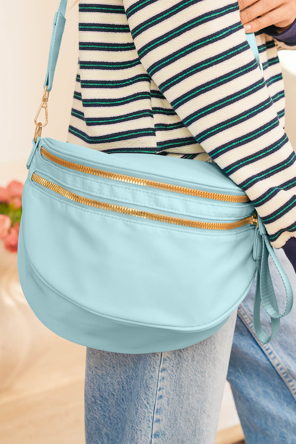 Light Grey Double Zip Crescent Shape Adjustable Sling Bag