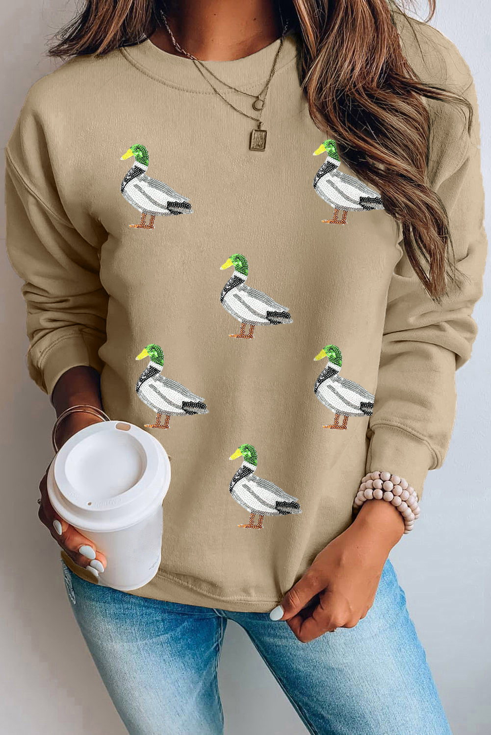 Khaki Sequin Mallard Duck Graphic Baggy Sweatshirt