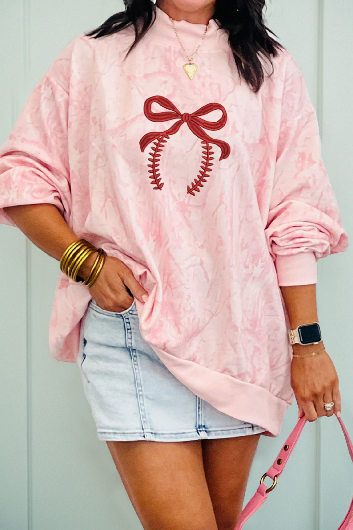 Pink Tie Dye Camo Sequin Love Heart Patched Mock Neck Sweatshirt