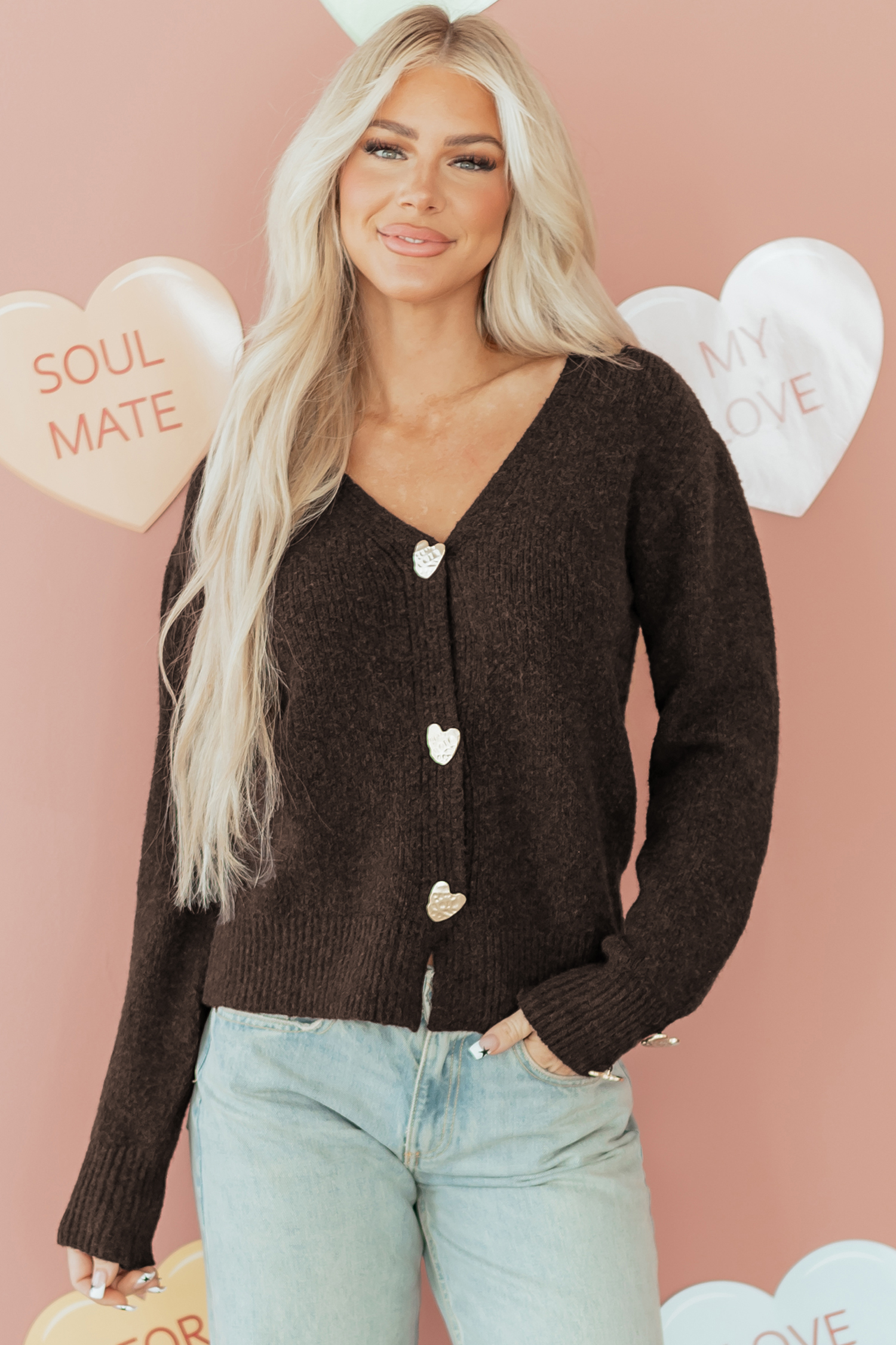 Fiery Red Heart Metal Button V Neck Cardigan Sweater