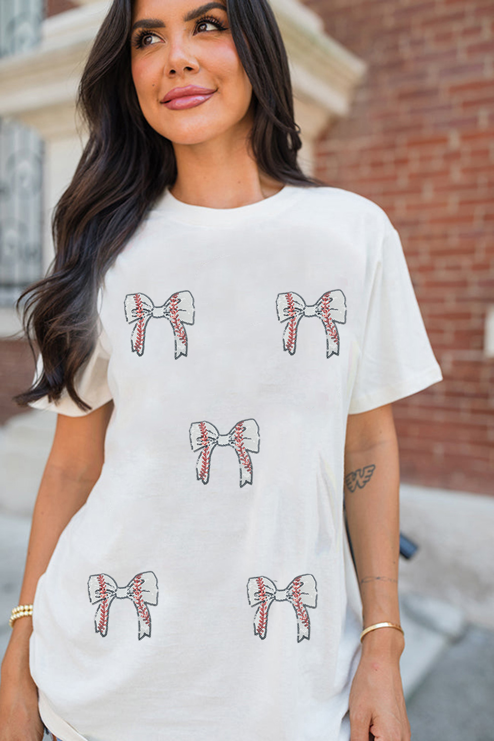 Black Glitter Baseball Bow Patched Cotton Blend T Shirt
