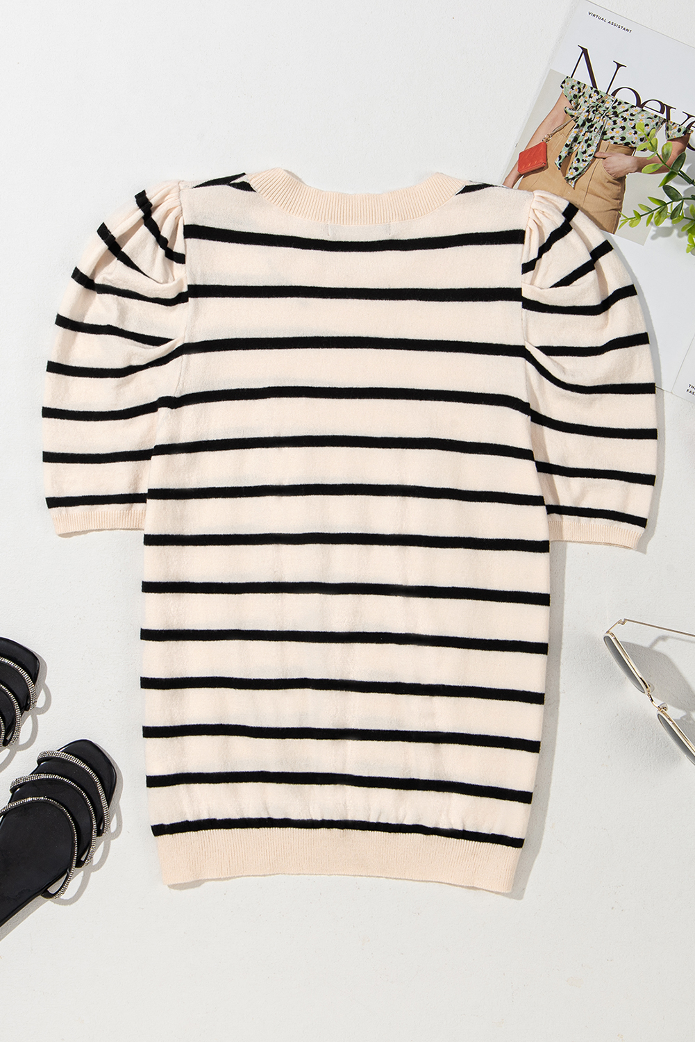 Blue Stripe Ribbed Trim Round Neck Bubble Sleeve Knitted Top