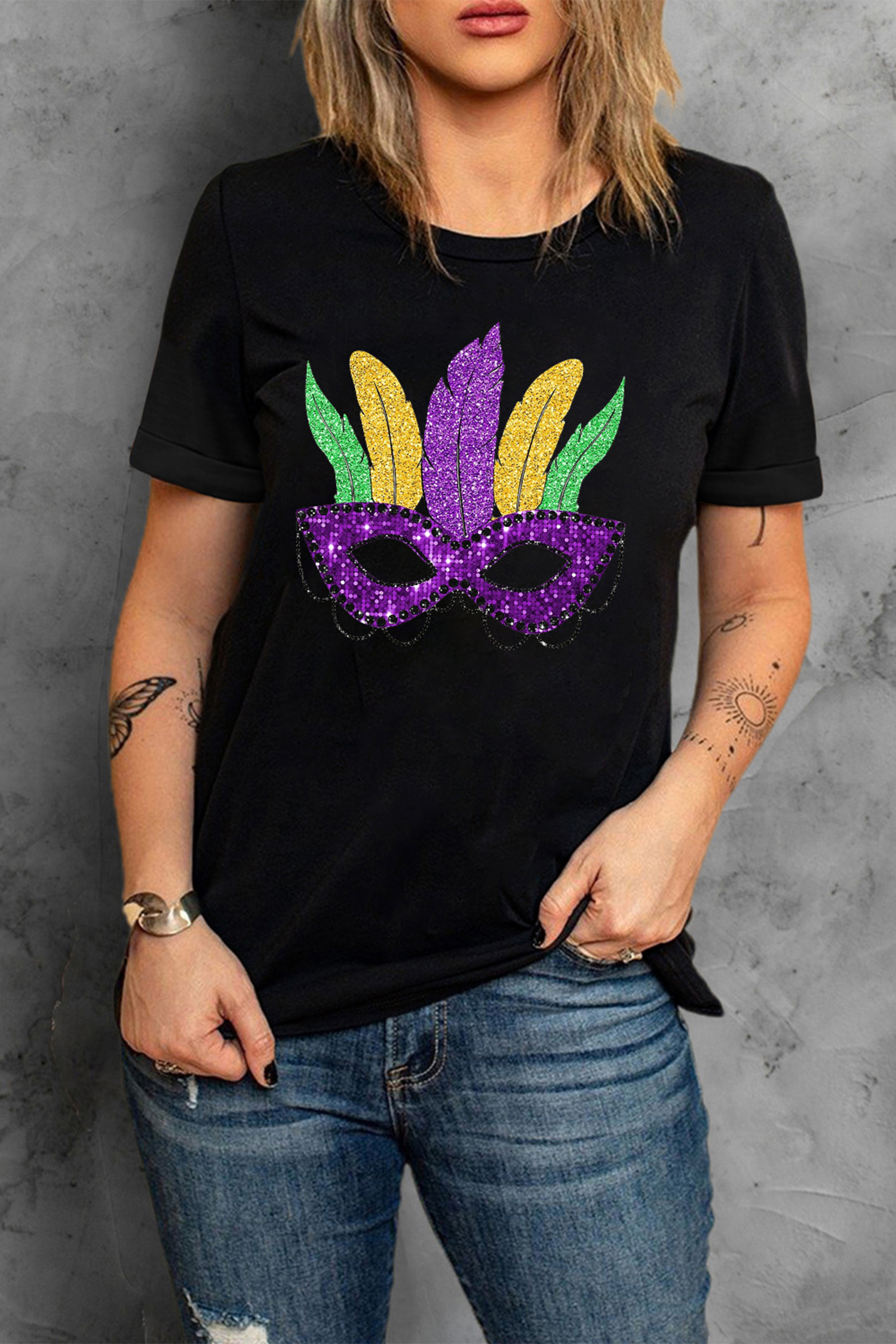 Black Glitter Mardi Gras Mask Graphic T Shirt