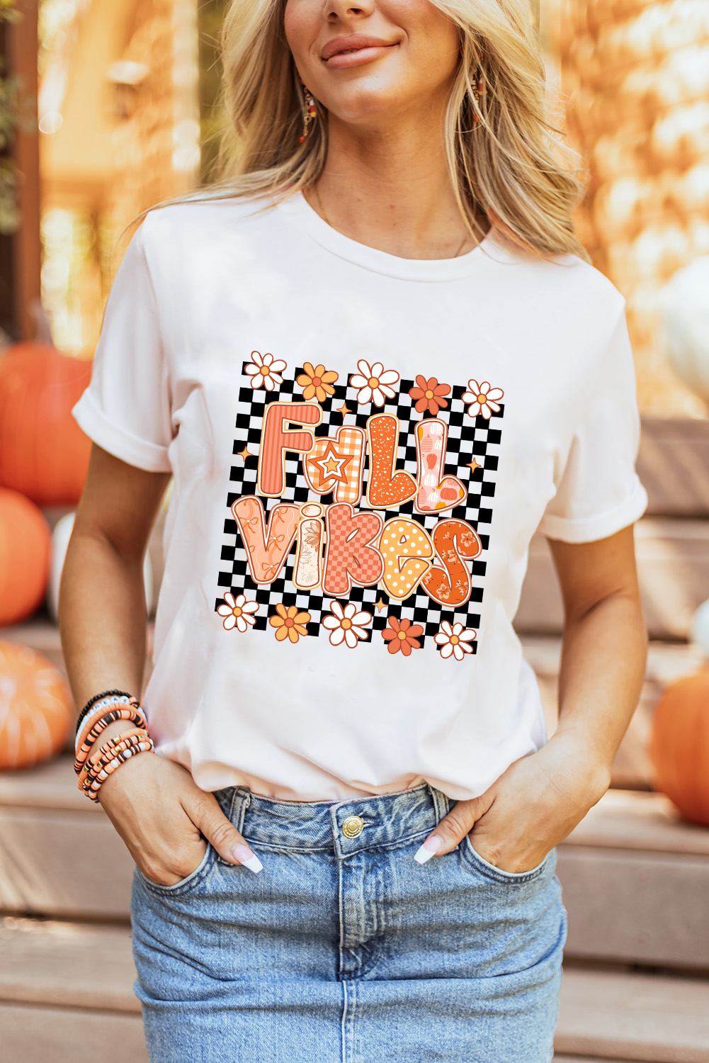 White FALL VIBES Cute Graphic Heat Transfer Tee