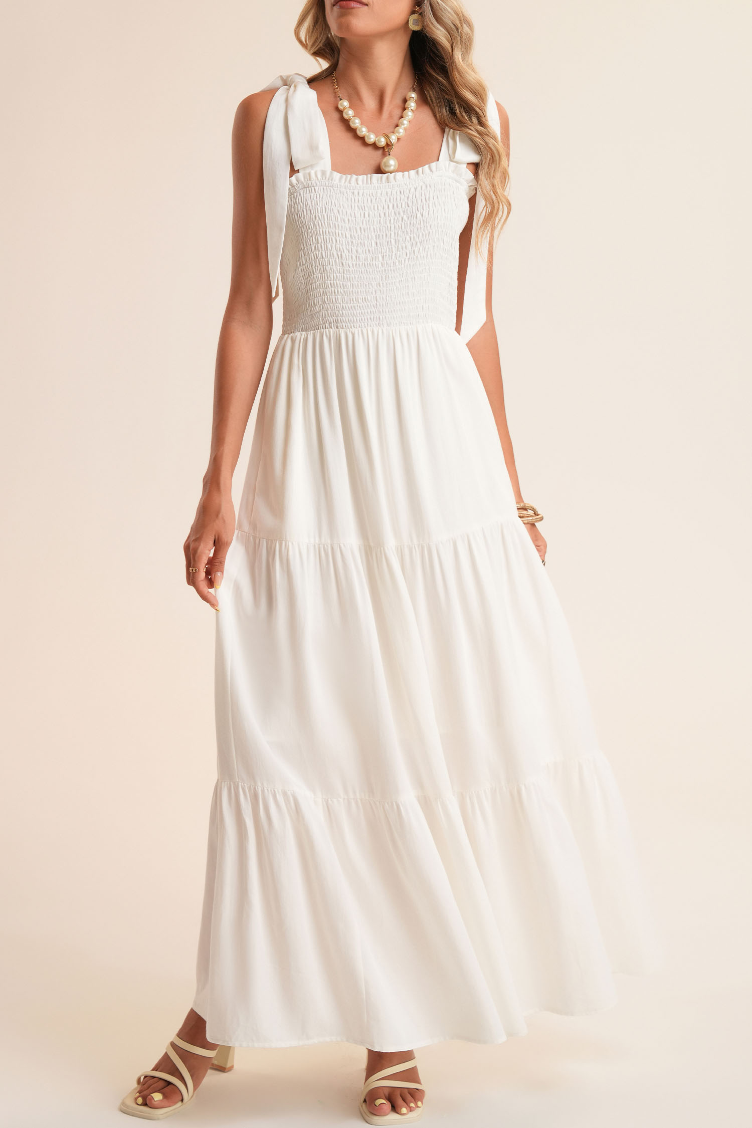 White Customizable Knot Straps Smocked Bodice Tiered Blank Maxi Dress