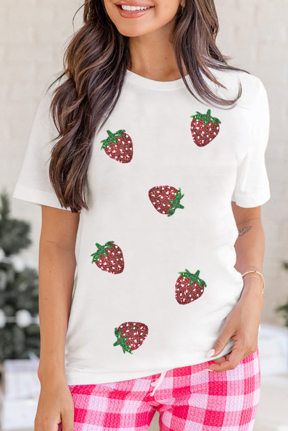 White Sequin Bow Strawberry Graphic Crew Neck T Shirt