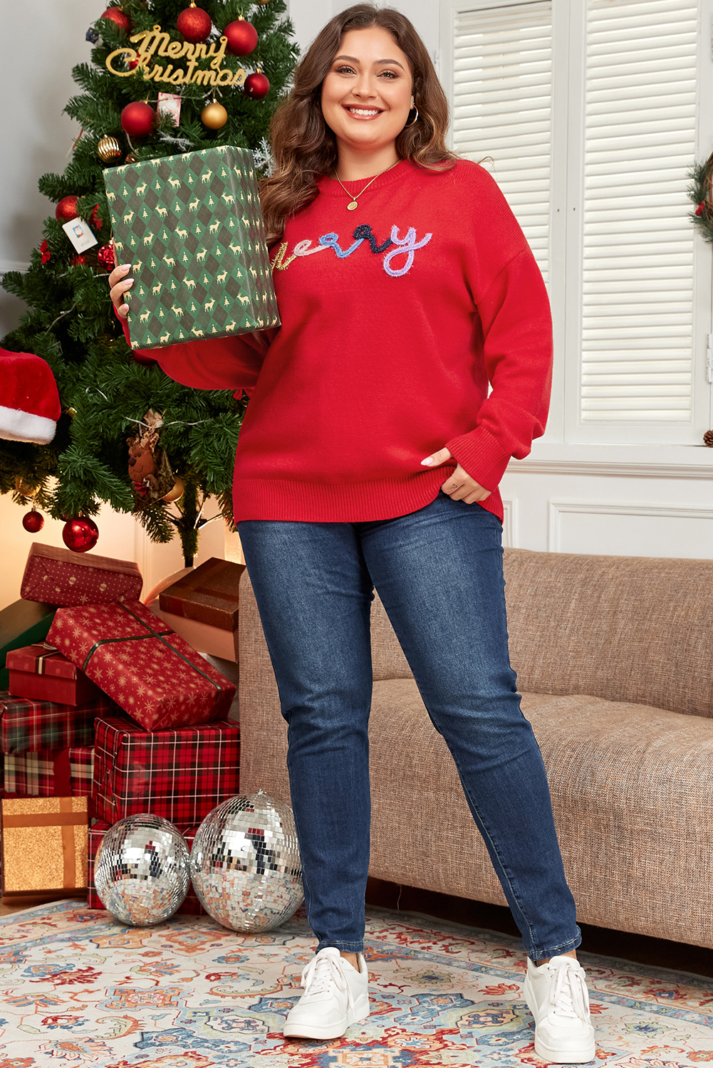 Fiery Red Tinsel Merry Letter Drop Shoulder Baggy Sweater