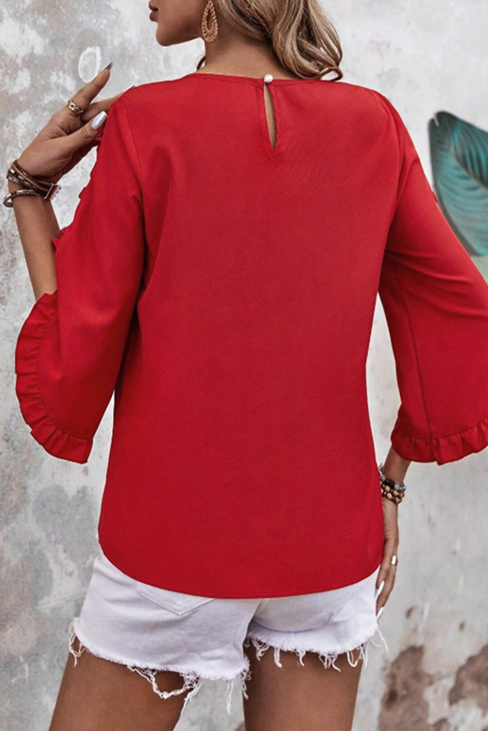 Black Ruffle Trimmed 3/4 Sleeve Round Neck Blouse