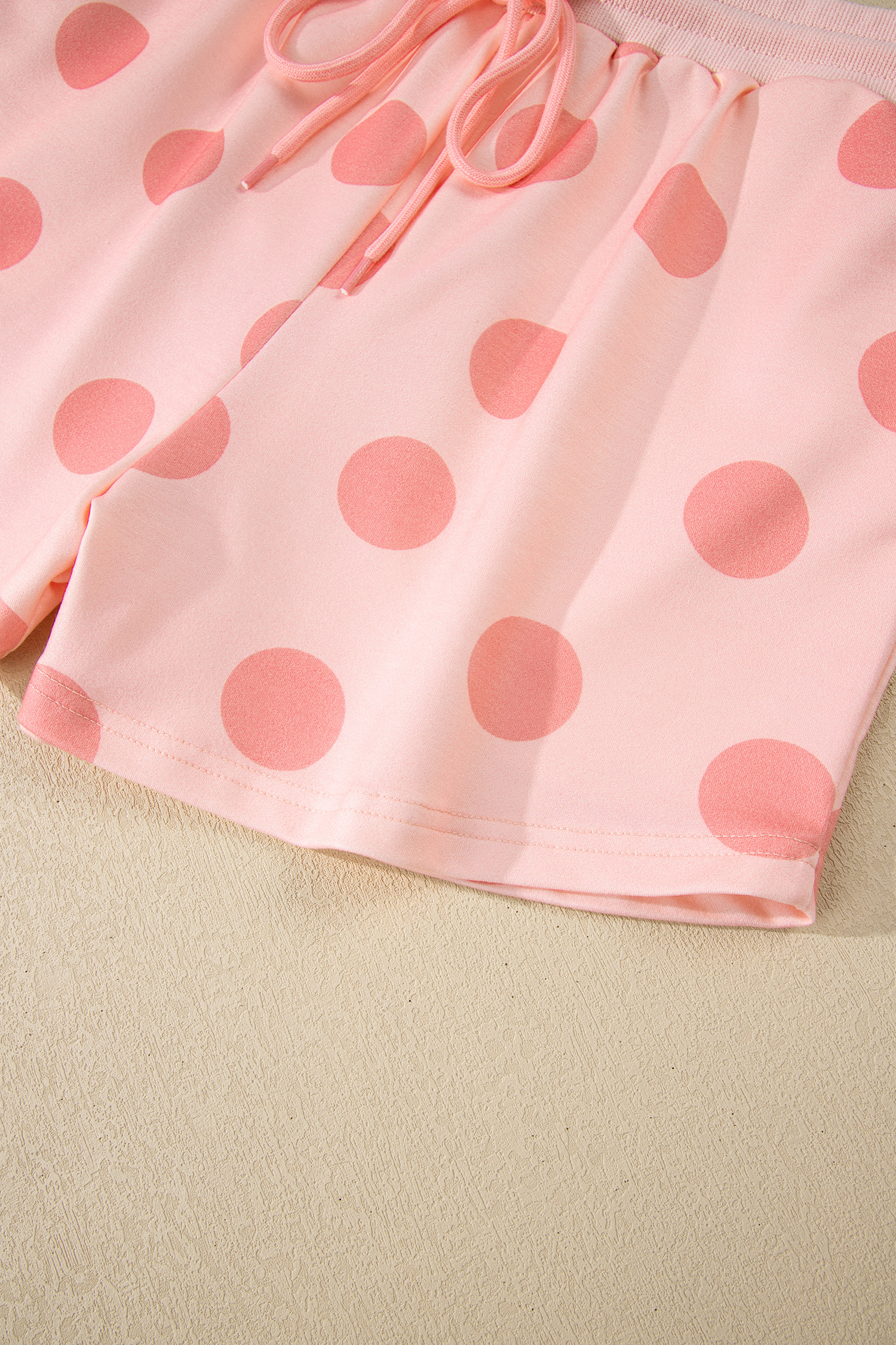 Beige Polka Dot Print Drop Shoulder Pullover Drawstring Jogger Pant Set