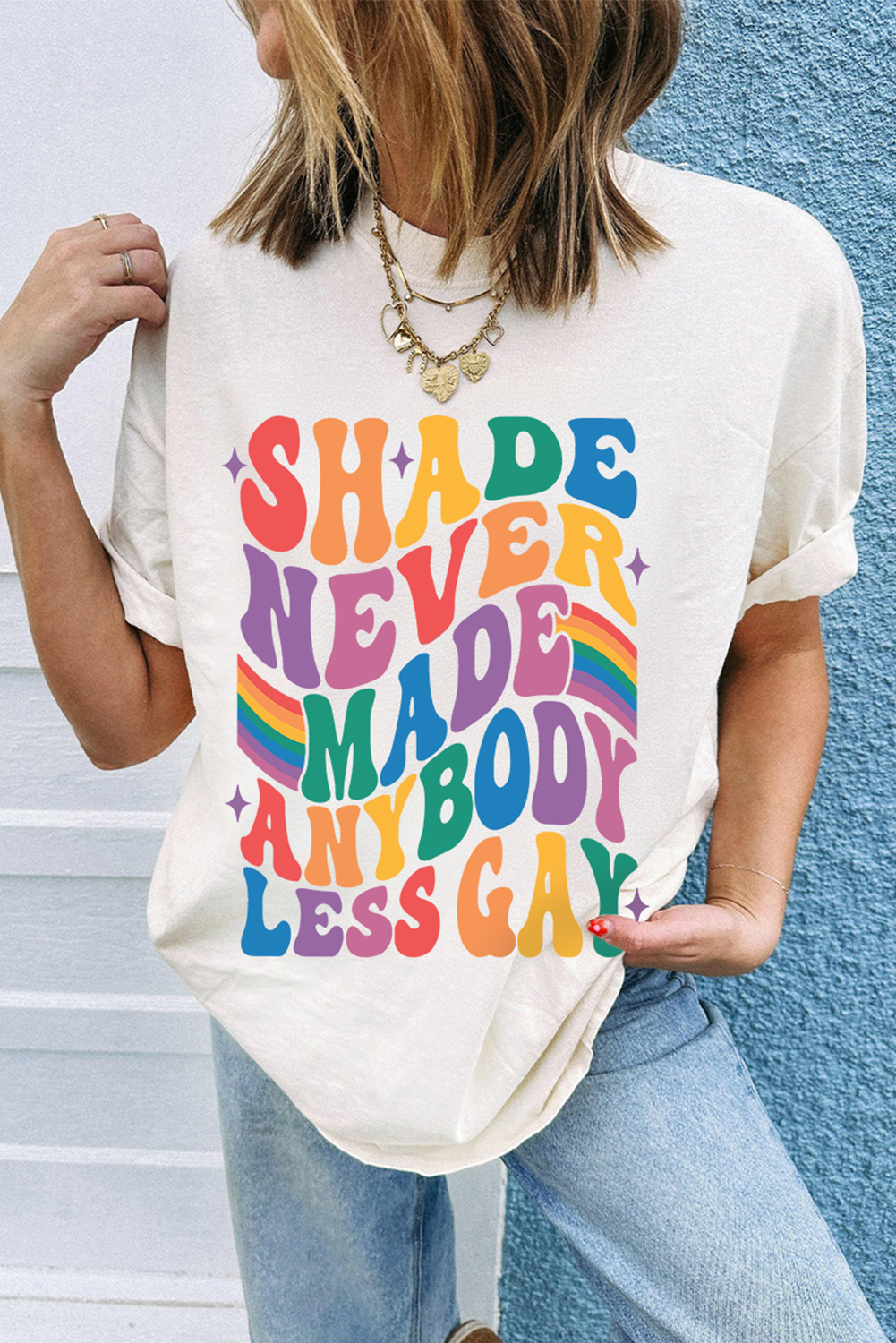White SHADE NEVER MADE ANYBODY LESS GAY Pride Graphic Tee