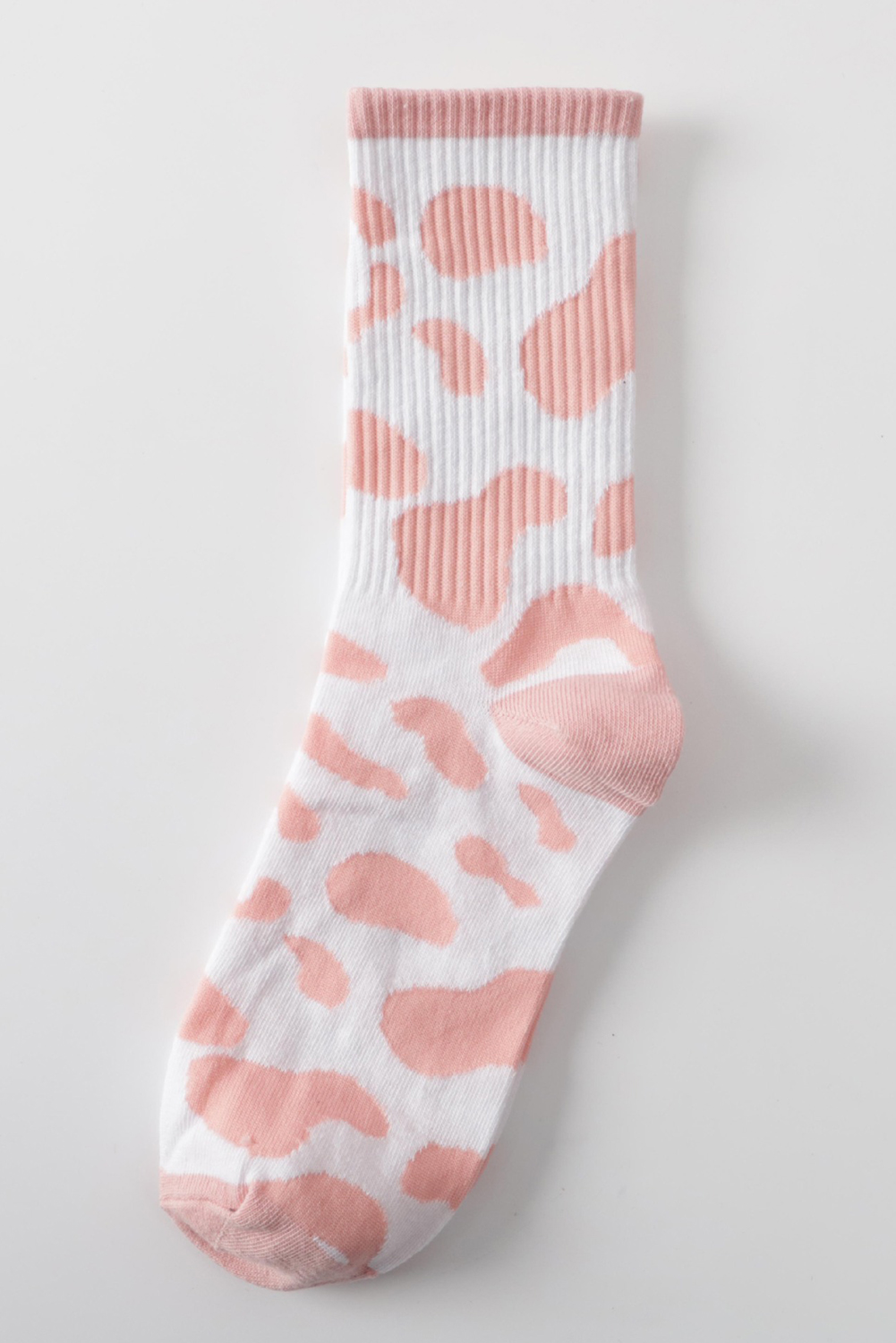 Pink Cow Print Ribbed Detail Crew Socks