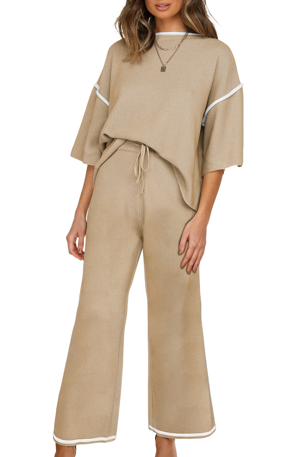 Blackish Green Contrast Trim Half Sleeve Top Drawstring Pants Loose 2pcs Sweater Suit