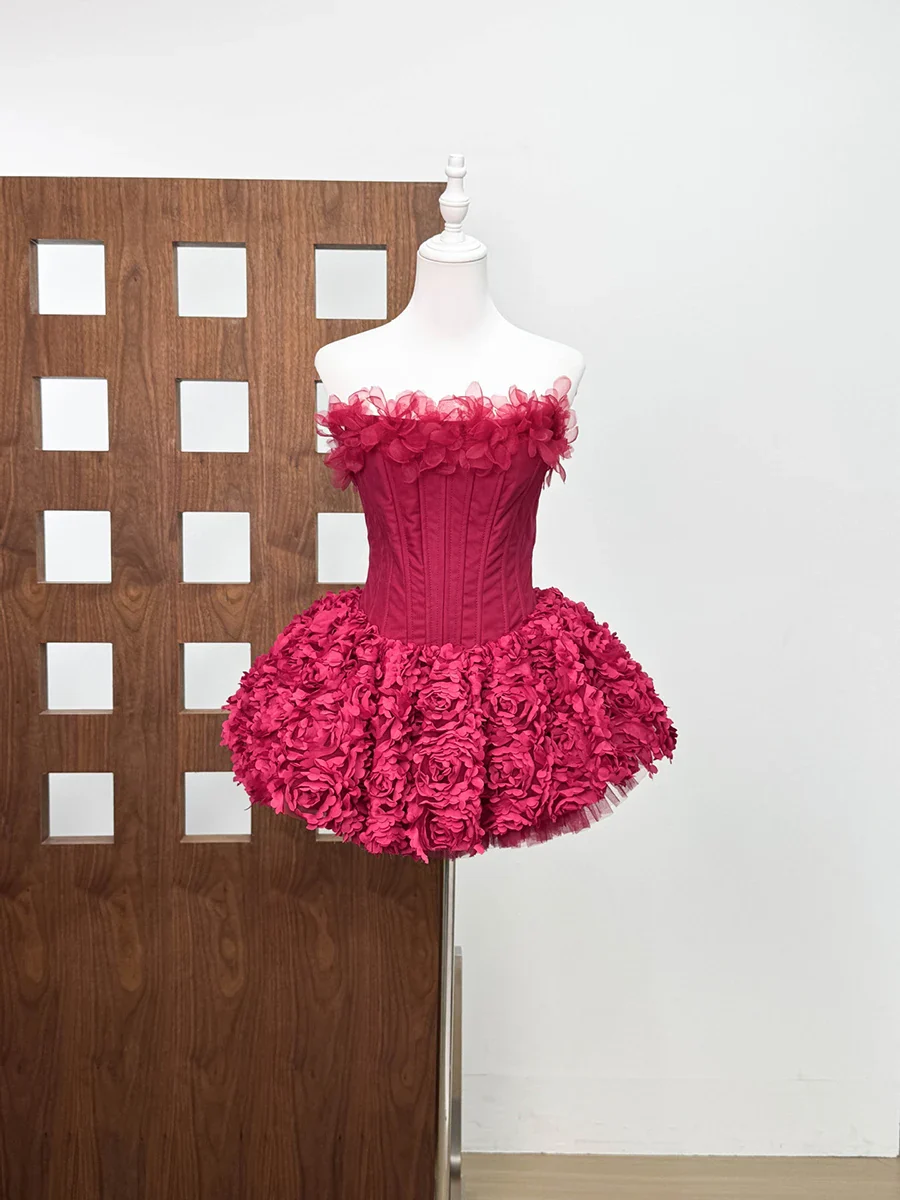 Red Strapless 3D Flower Ruffle Tulle Mini Dress