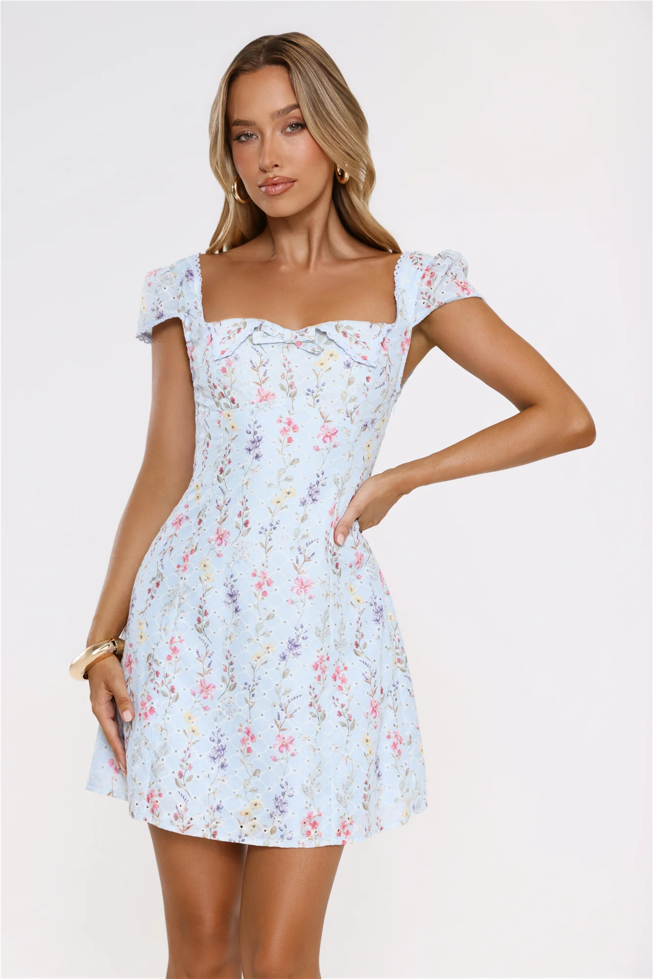 Too Cute To Care Embroidered Mini Dress Blue