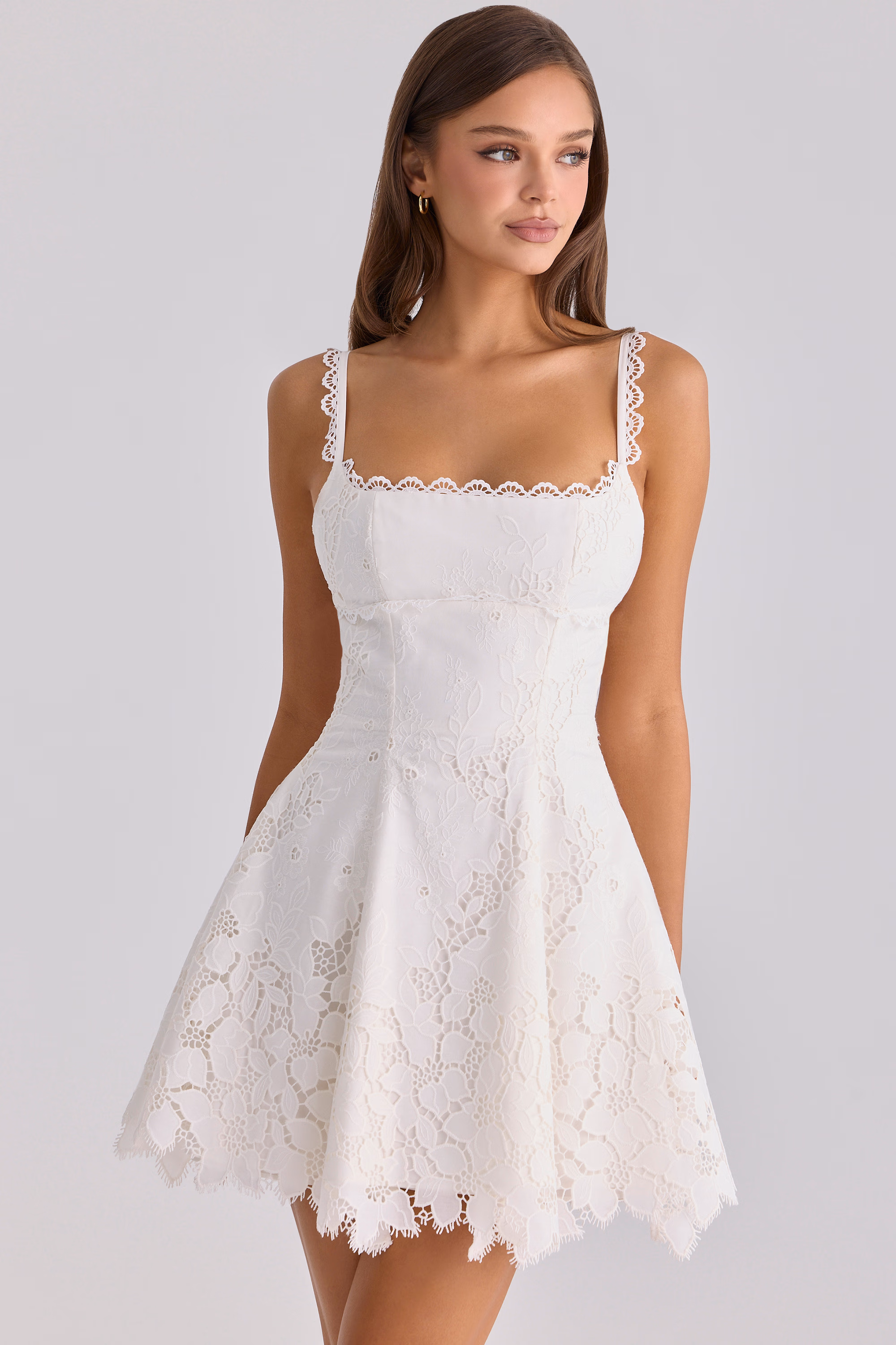 white custom lace broderie anglaise mini dress
