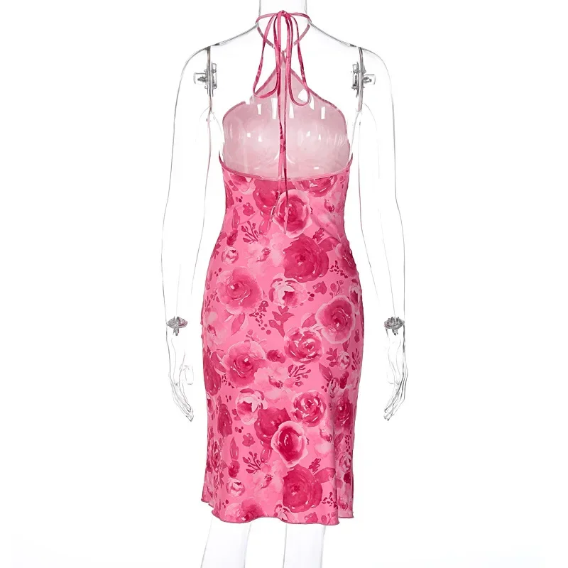 Rose Pink Print Halter Midi Dress
