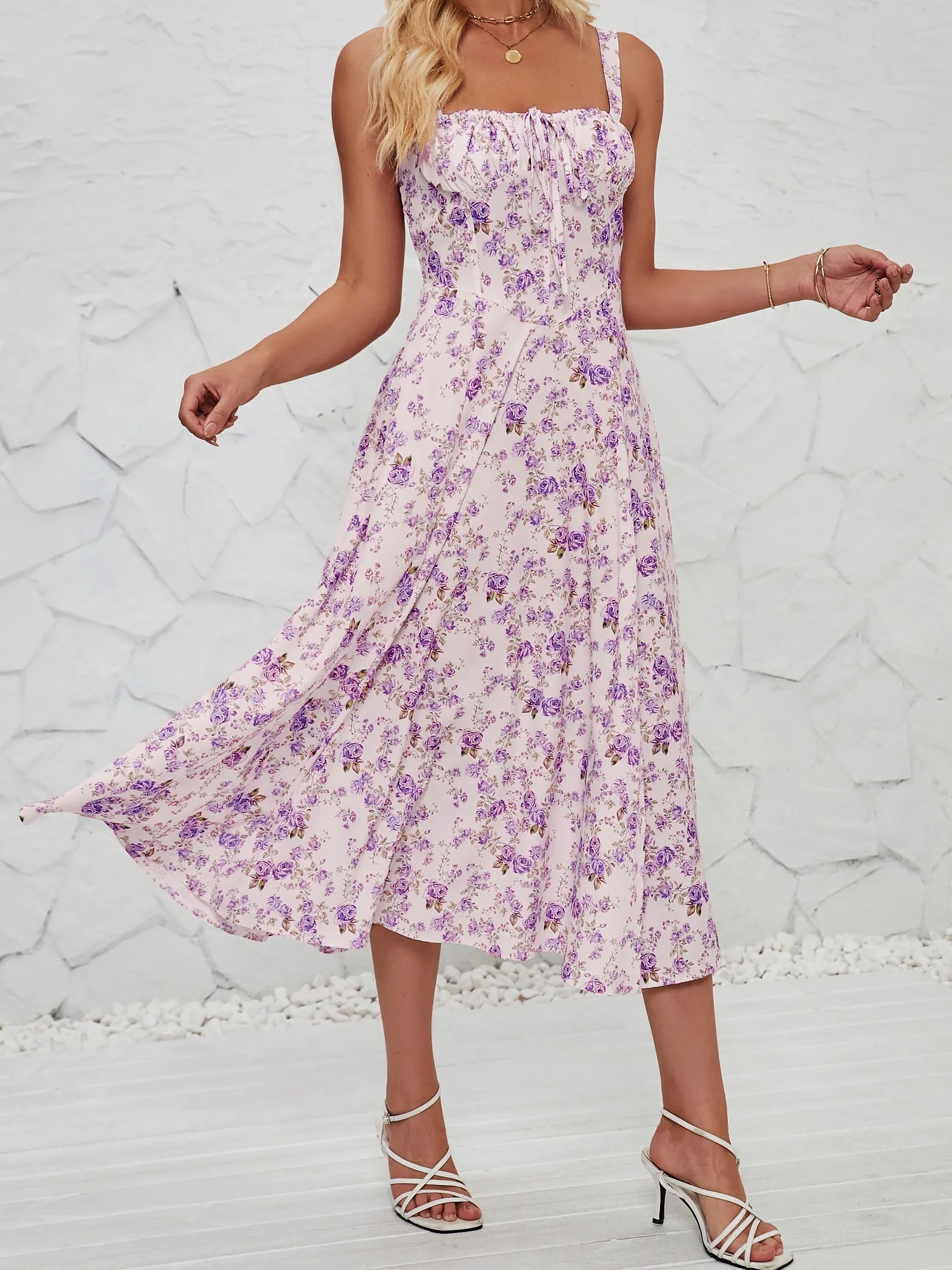 Floral Sleeveless Lace-Up Side Slit Dress Sundress