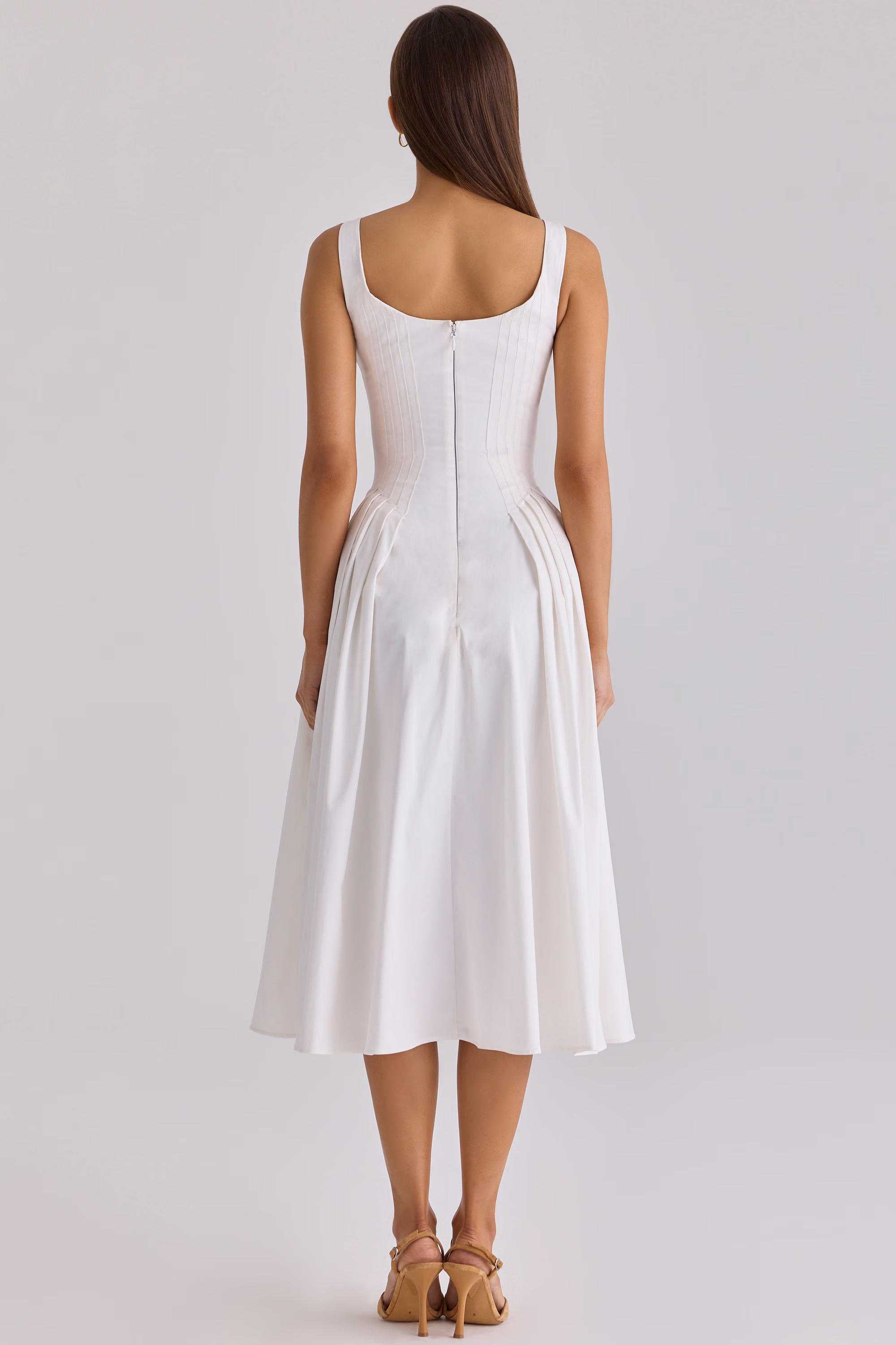 white pleated cotton peekaboo midi dress