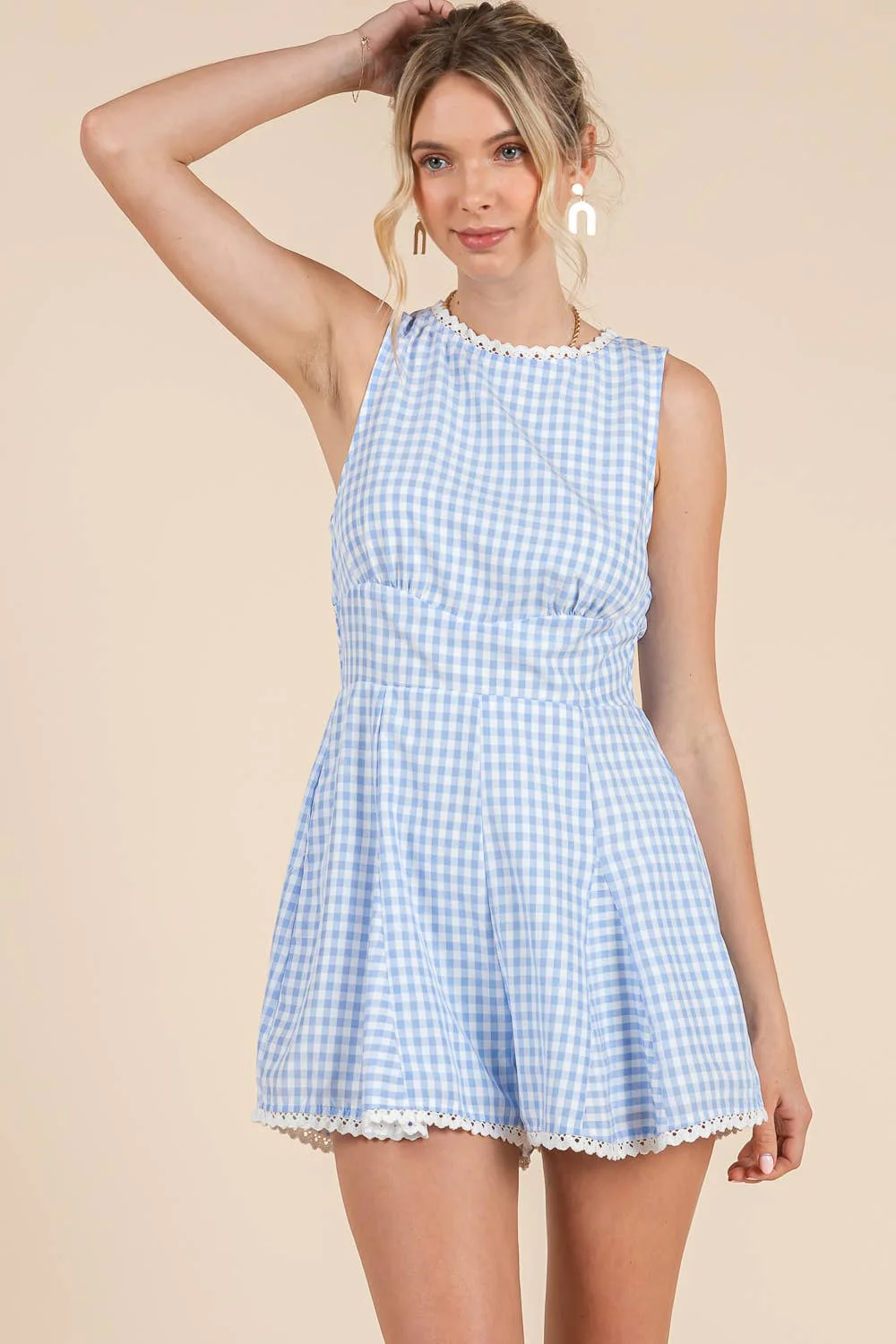 Blue Gingham Lace Romper