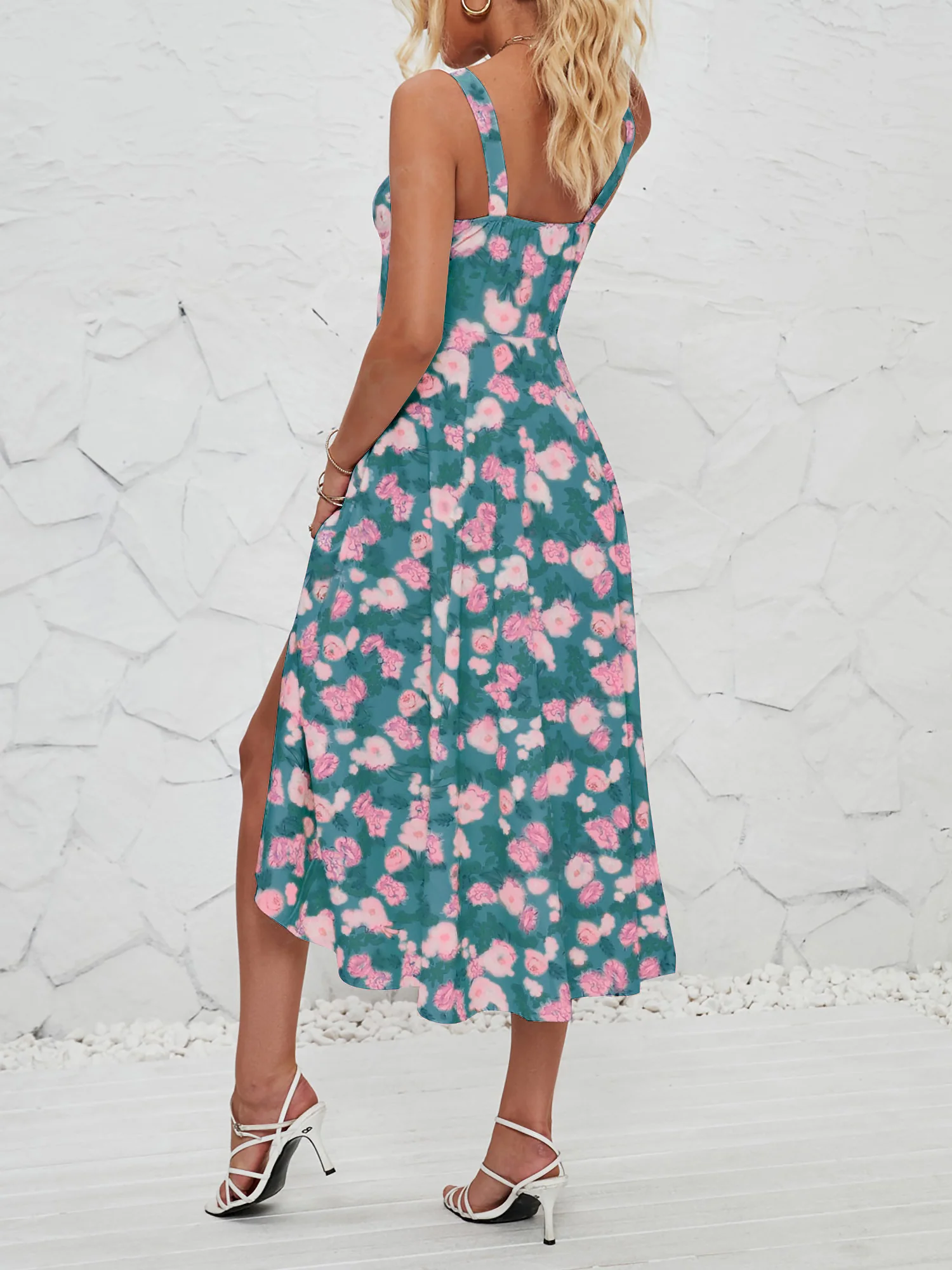 Floral Sleeveless Lace-Up Side Slit Dress Sundress