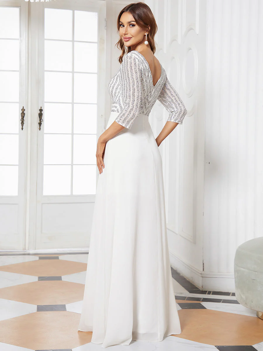 Sexy V Neck A-Line Sequin Wholesale Evening Dresses With 3/4 Sleeve