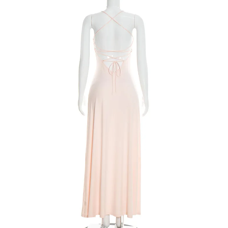 Pink Ruffle Back Tie Up Maxi Dress