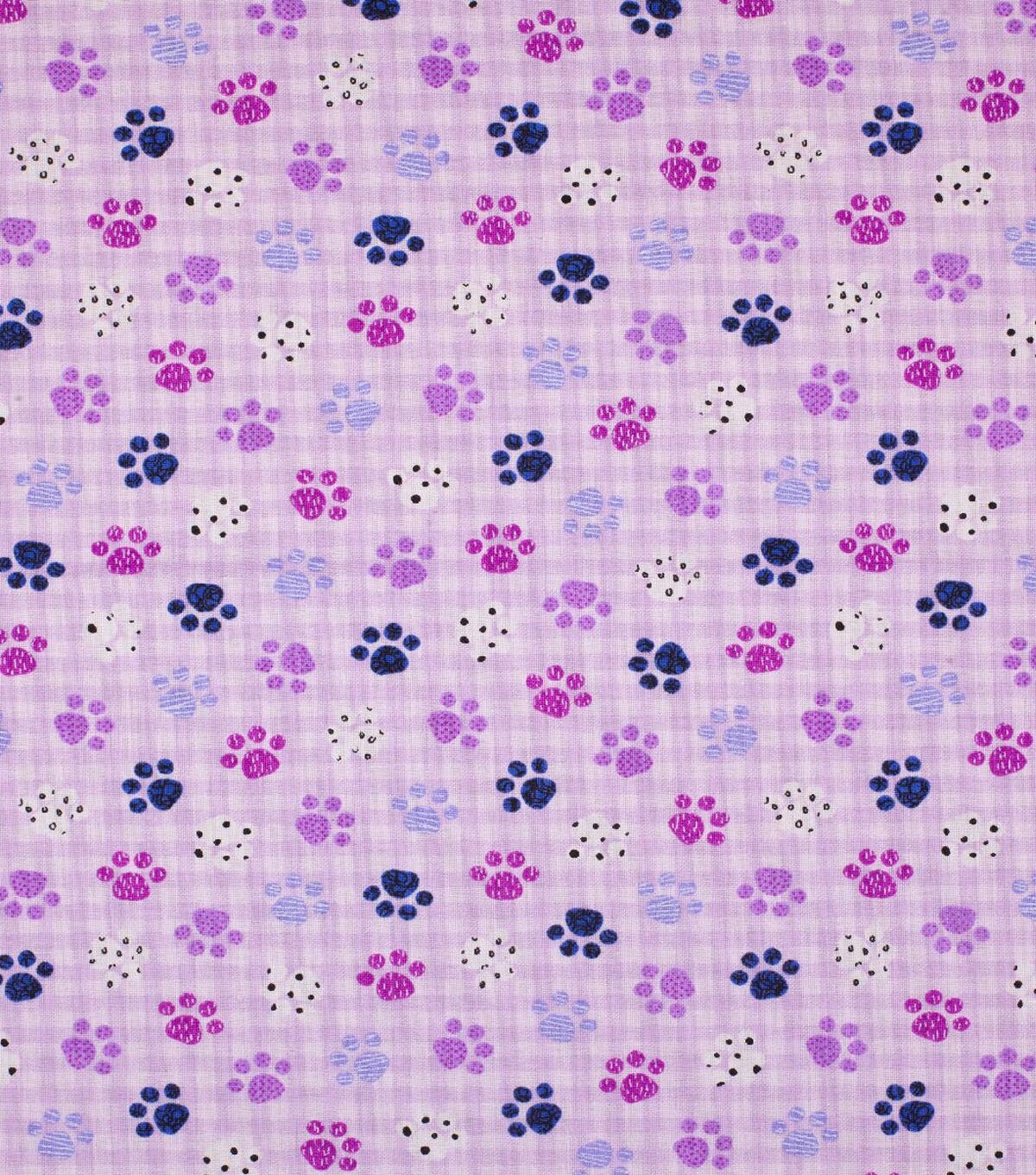 Novelty Cotton Fabric Purple Paws on Gingham