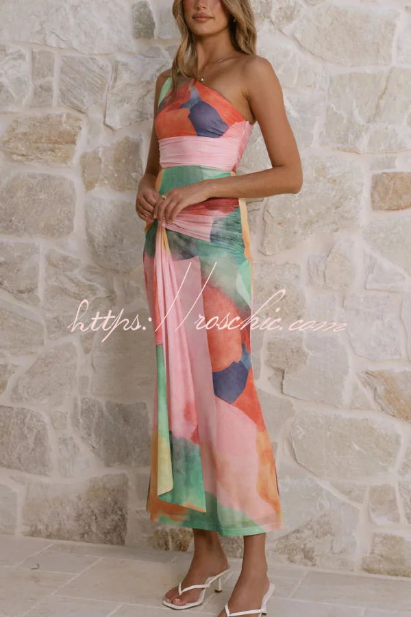 Unique Printed One-Shoulder Cutout Fitted Lace-Up Maxi Dress