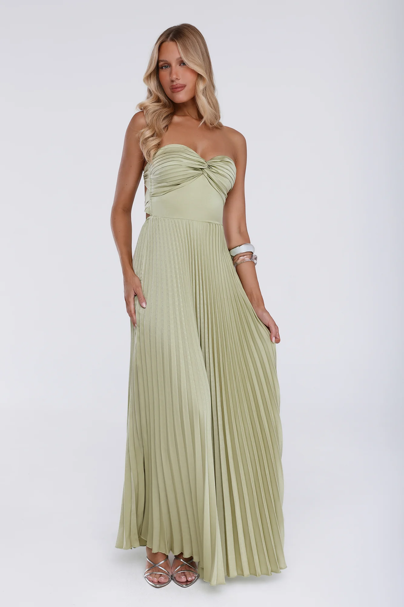 Sassy Sunshine Satin Pleated Strapless Maxi Dress Green