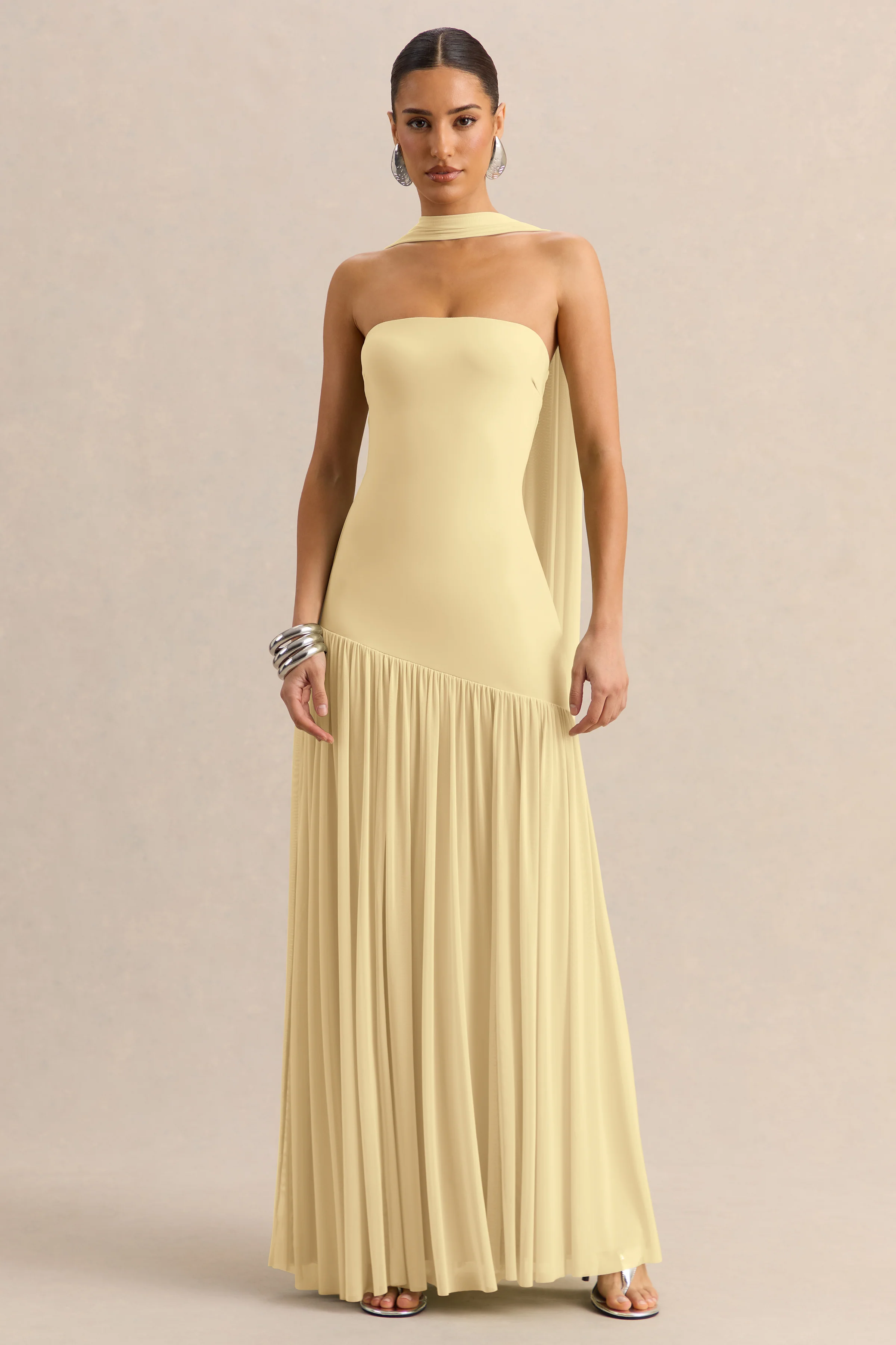Bambi | Lemon Bandeau-Neck Maxi Dress With Scarf-Detail