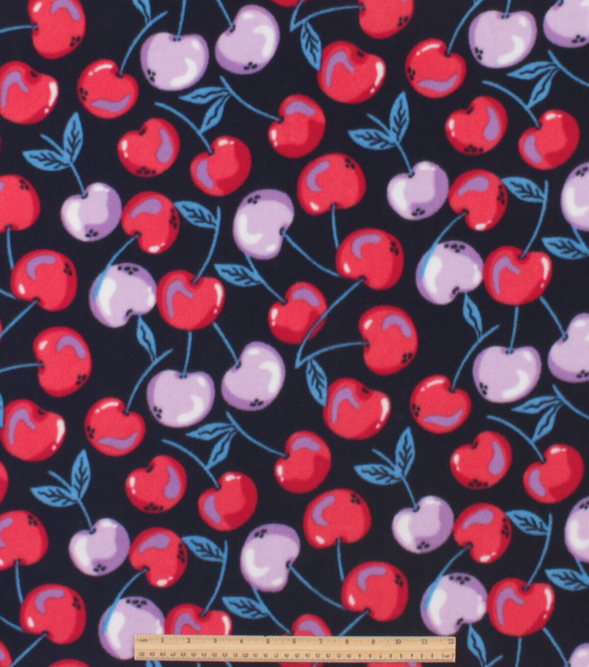 Cherries on Black Anti Pill Plush Fleece Fabric