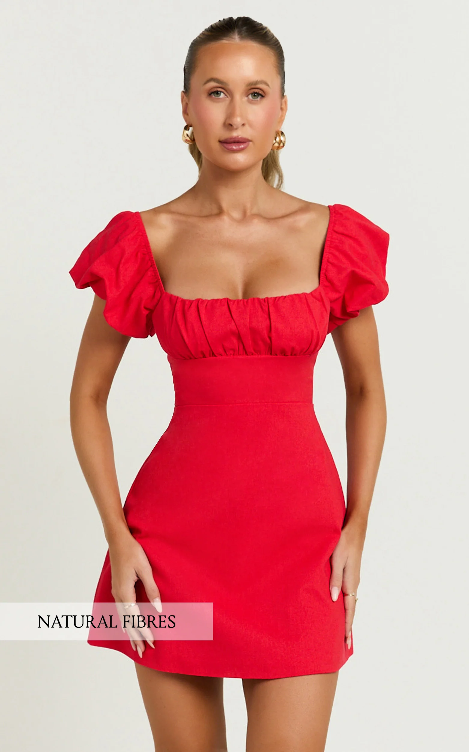 Square Neck Ruched Bodice Puff Sleeve Straight Dress in Red