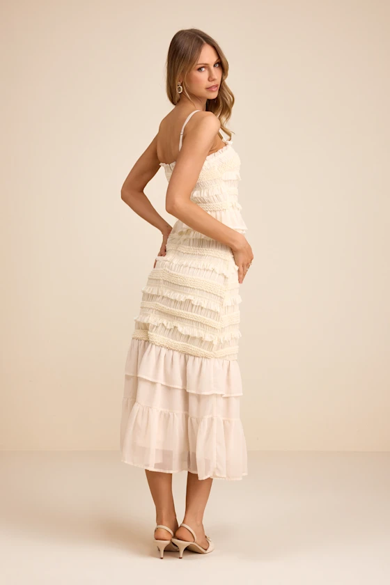 Harley Cream Smocked Ruffled Midi Dress
