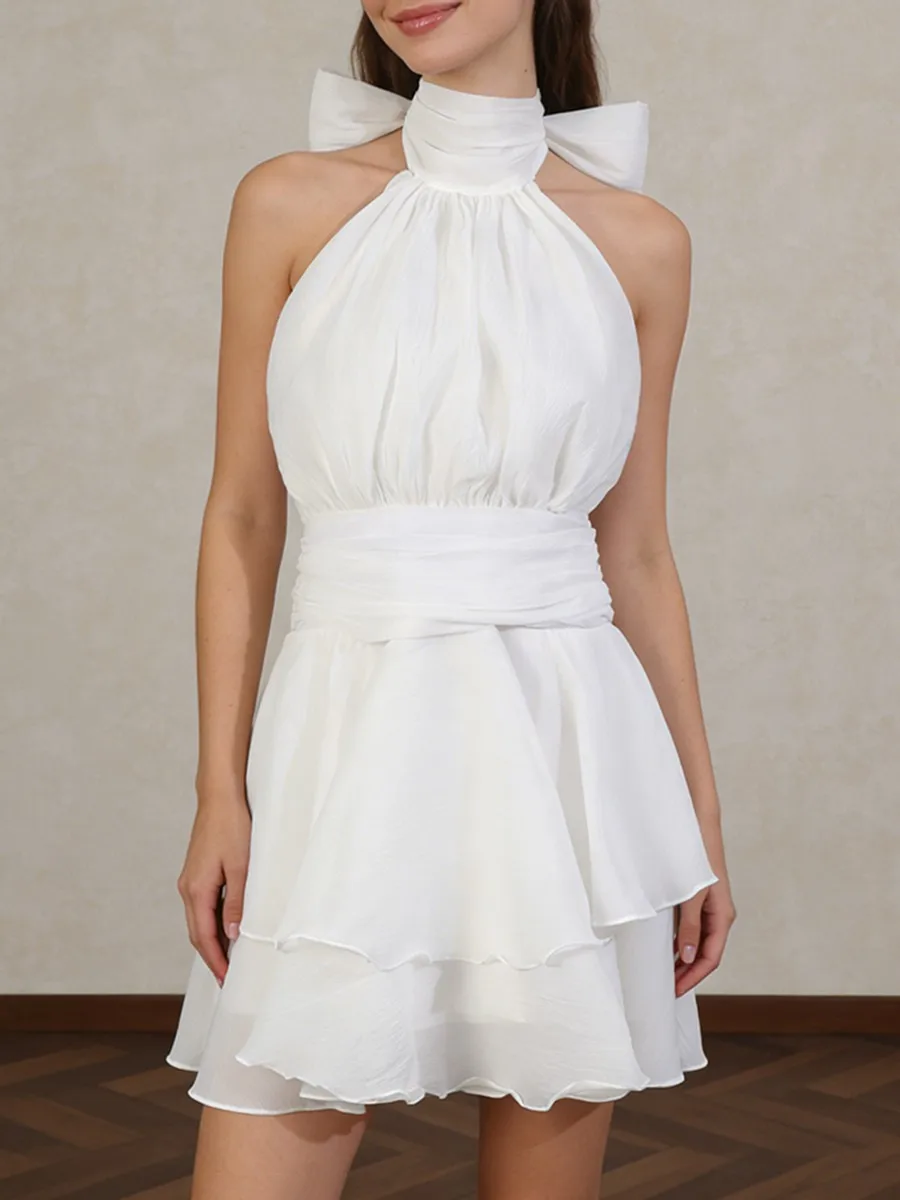 White Ruffles Turtleneck Mini Dress