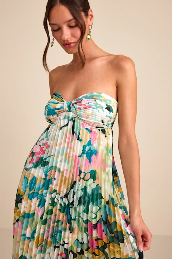 Whimsical Beauty Multi Floral Satin Plisse Strapless Maxi Dress