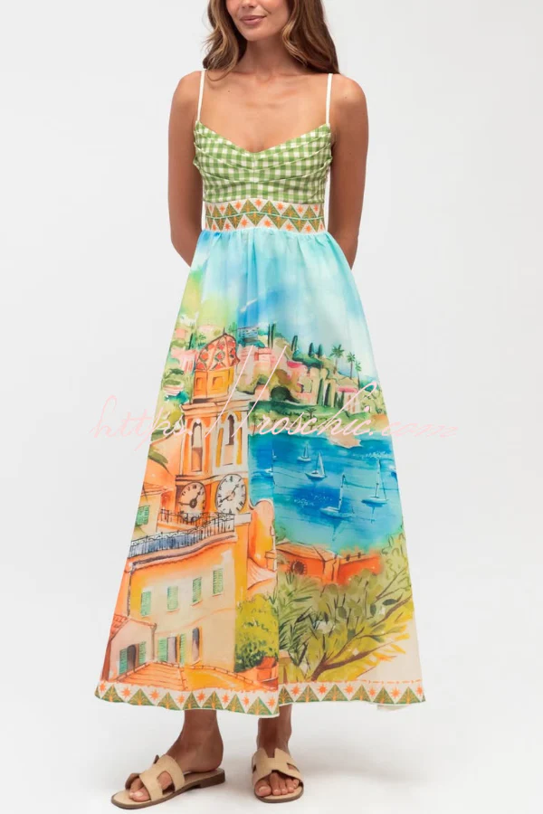 Unique Printed Spaghetti Strap Pleated Casual Maxi Dress