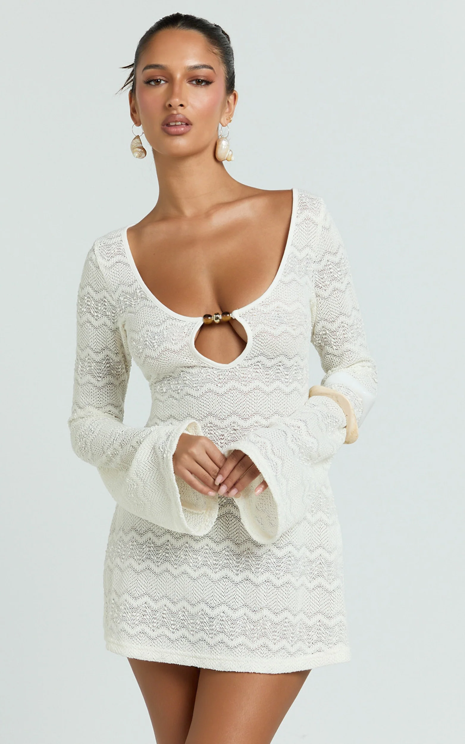 Beaded Keyhole Neckline Long Sleeve Dress in Ivory