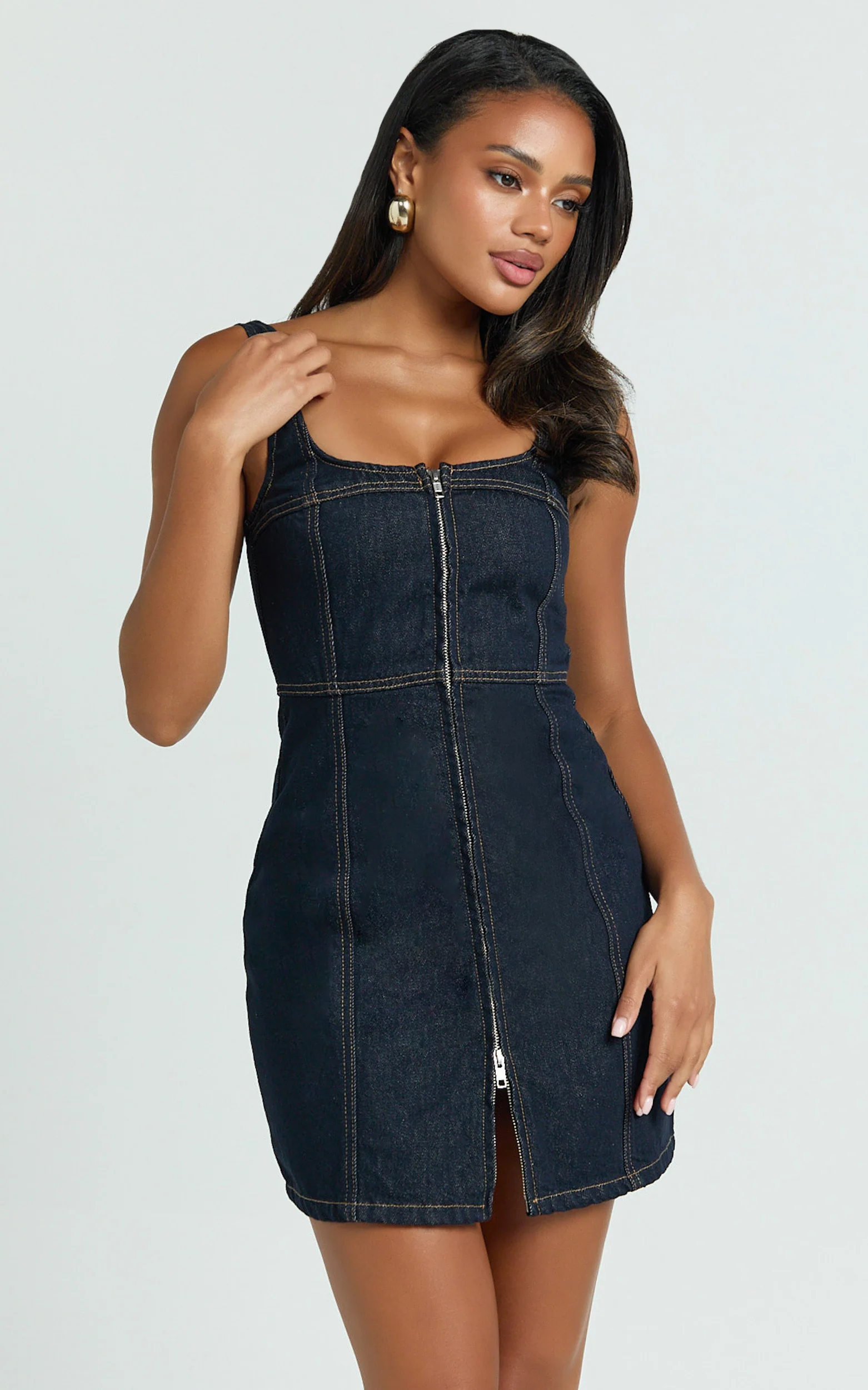 Square Neck Zip Front Sleeveless Bodycon Denim in Raw Denim with Tobacco Stitch