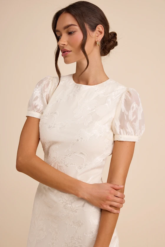 Bridget Ivory Floral Jacquard Puff Sleeve Midi Dress