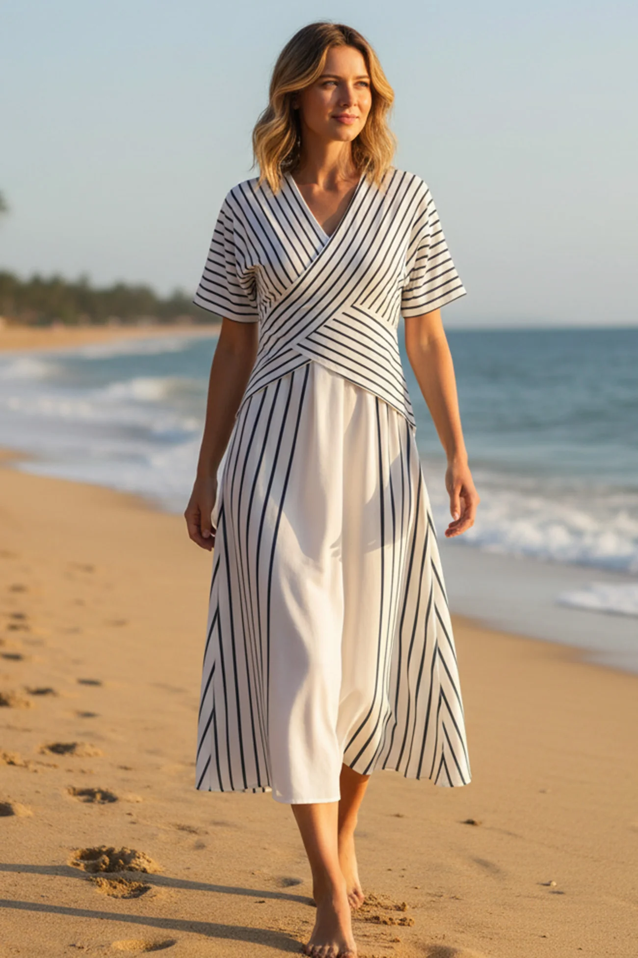 V Neck Striped Print Patchwork Dress